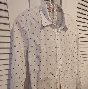 Talbots White Shirt with Gold Polka Dots